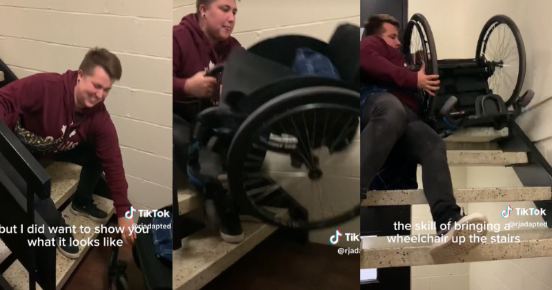 Wheelchair User Overcomes Inaccessible Building with Daily Stair Climbs and TikTok Documentation RJadapted uses stairs